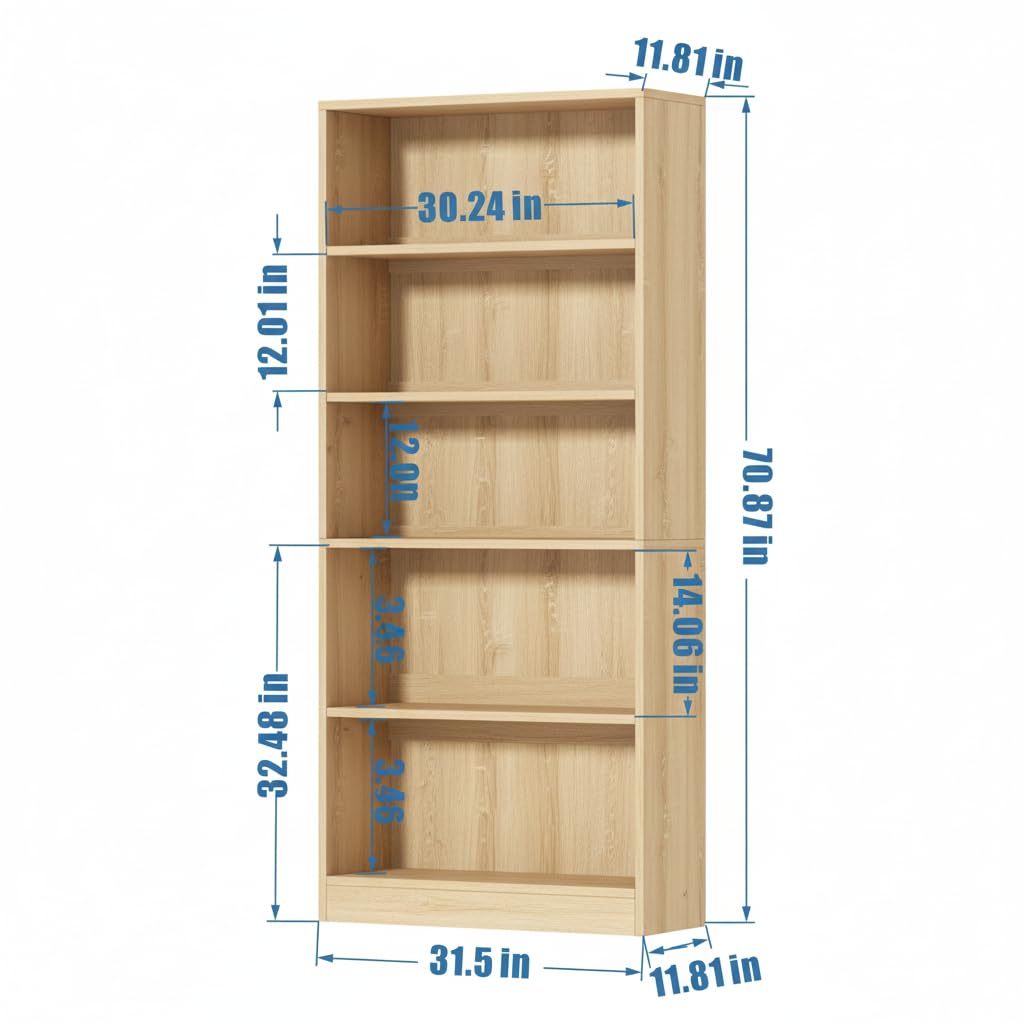 holzart 71" Tall Book Shelf, 5 Tier Large Bookshelf, Standing Wood Display Book Shelf for Living Room, Office, Library with Doors, 31.5" W x 70.87" H x 11.81" D, Oak holzart
