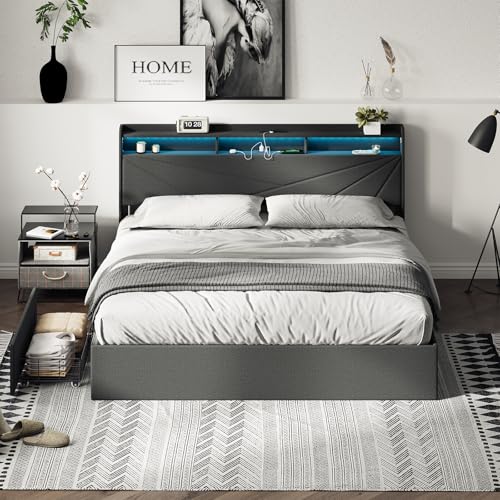 MALOL Bed Frame, King Bed Frame with Headboard & Storage Shelf, Metal Platform Bed Frame with 4 Storage Drawers, Built-in Charging Station, Led Light, Wood Bed Frame, No Box Spring Needed, Grey MALOL