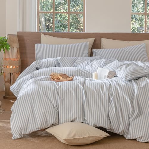 MooMee Striped Duvet Cover Set 100% Washed Cotton Linen Like Textured Breathable Durable Soft Comfy (Cornflower Blue White Classic Stripes, King 104"x90") MooMee