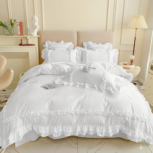Girls Lace Bedding, Full Comforter Cover Set, Chic Ruffled Duvet Cover with 2 Layers Ruffle,Princess Style 1 Duvet Cover with 2 Pillowcases, No Comforter-White,Full SOUKECHY