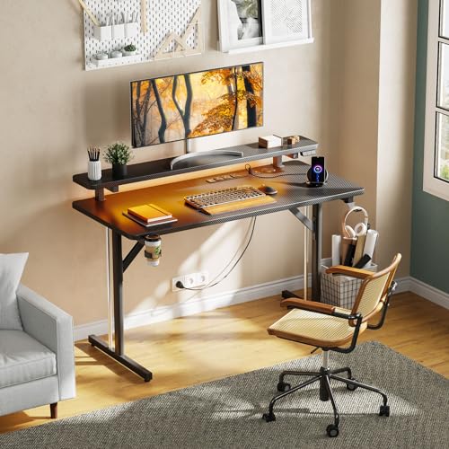 MOTPK Small Gaming Desk with LED Lights & Power Outlets, 39 Inch Computer Desk Gaming Table with Monitor Shelf, Gamer Desk with Carbon Fiber Texture, Kids Boys Desk Gift for Men MOTPK