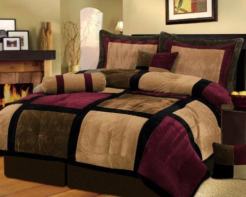 Grand Linen 7 Piece Burgundy Brown Black Bed in a Bag Micro Suede King Comforter Set with Accent Pillows Grand Linen