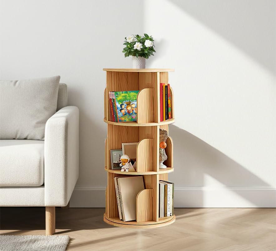 LARYICTU Spinning Bookshelf Rotating Bookshelf Tower 360 Rotating Kids Book Shelf Solid Wood Round Revolving Bookcase Small Floor Standing Swivel Bookcase LARYICTU