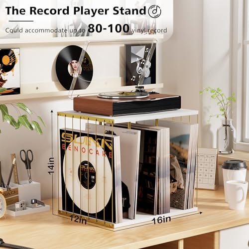 Emfogo Vinyl Record Storage, Metal & Wooden Vinyl Record Holder Up to 80 Album, 3-Compartment Record Player Stand for Magazine, Book, Files, Albums (White) Emfogo