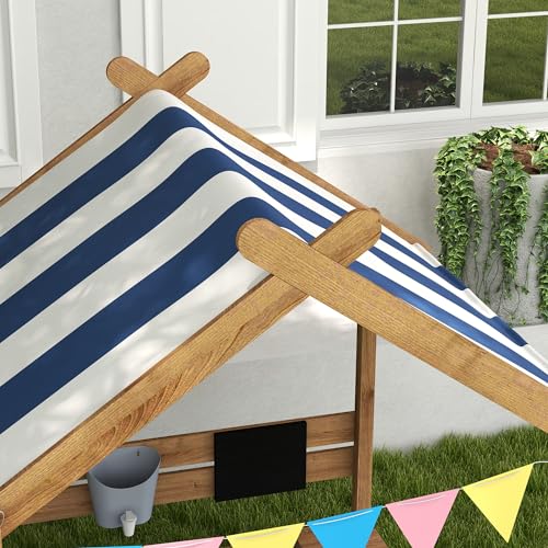 Outsunny Wooden Sandbox with Canopy, Kids Sand Pit with Liner, Blackboard, Sink, Playset, Flags, House Design, Outdoor Sandbox for 3-7 Years Old, 49" x 46" x 57.5", Brown Aosom