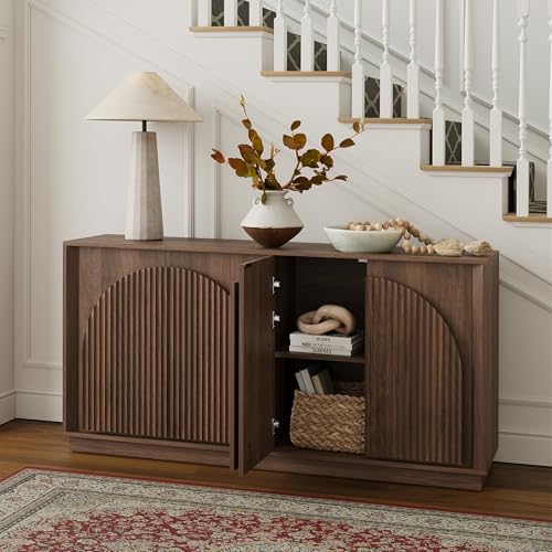 win2win Fluted Sideboard Buffet Cabinet with Storage, 65" Mid Century Modern Accent Cabinet with Double-Layered Arch Doors,Wood Media TV Console Table Credenza for Living Room Hallway Entryway,Walnut win2win