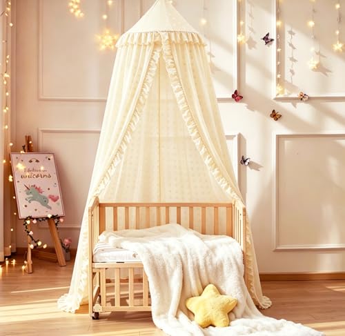 Mengesi Bed Canopy with Pom Pom- Lace Chiffon Canopy Bed Curtains, Ruffles Princess Reading Nook Play Tent for Girls Room (Ivory)