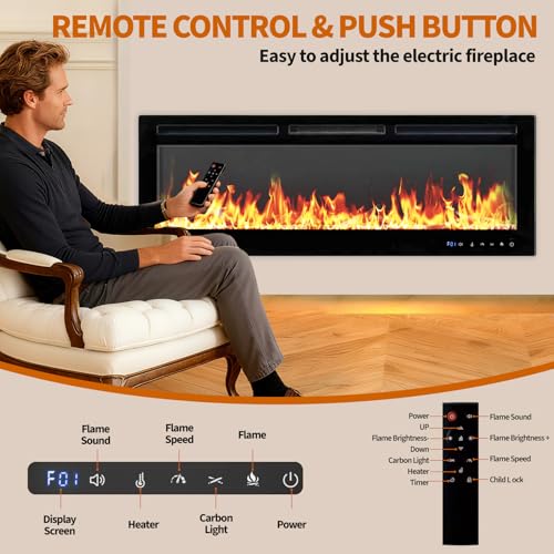 50" Smart Electric Fireplace Wall Mount, 1500w Heater with Remote Control & Timer, 12 Color LED Flame Effect, Touch Screen, for Living Room Bedroom Indoor Use PeacefulHues