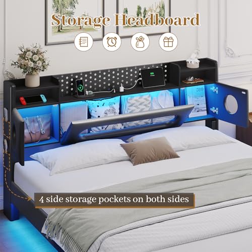 California King Bed Frames,Cal King Bed Frame with Hidden Storage Headboard & LED Light and Charging Station,Floating Bed Frame No Box Spring Needed,Leather Floating Bed Noise-Free,Easy Assembly BYSAUD