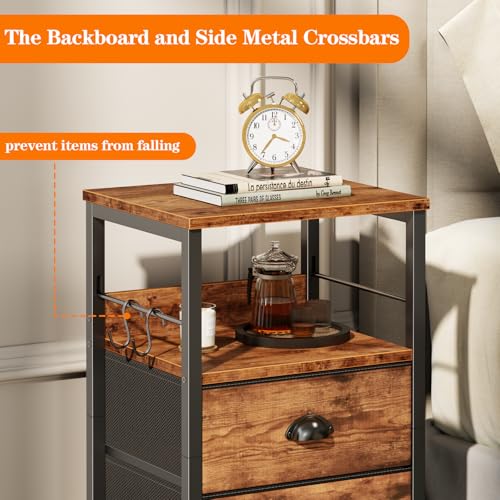 Furologee Nightstand with 2 Fabric Drawers, Night Stand with 2-Tier Shelf, Bedside Table with Hooks, Open Wooden Shelf, End Table for Bedroom, Backboard Design, Metal Frame, Rustic Brown Furologee