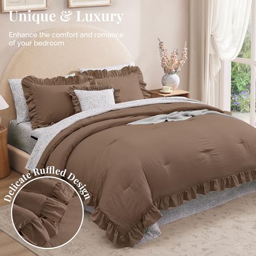 BLOOMHAVEN King Comforter Set - 7 Pieces Ruffle Amber Brown Bedding Sets, Shabby Chic Farmhouse Bed in a Bag with Ruffle Comforter, Floral Sheets, Pillowcases & Shams BLOOMHAVEN
