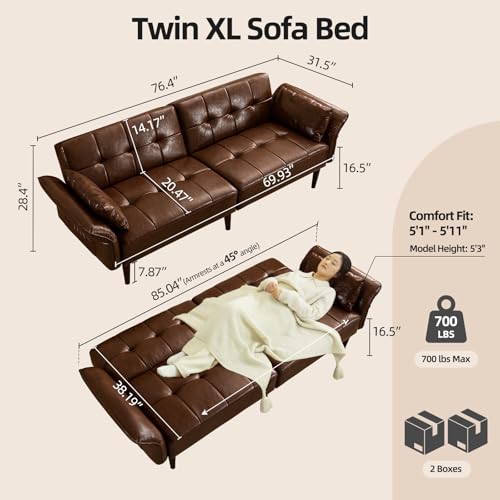 HALLYBEE Futon Sofa Bed, Sleeper Sofa, Small Couch with Storage Adjustable Armrests Pillows, Faux Leather Loveseat, Mid Century Modern Couches for Living Room, Bedroom, Apartment, Red Brown HALLYBEE