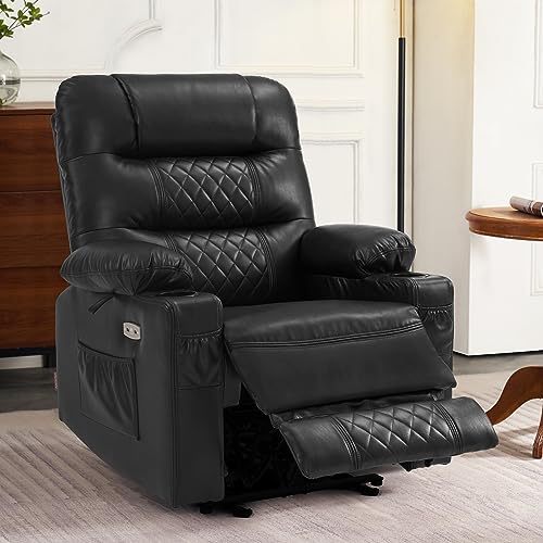 MCombo Zero Gravity Power Recliner Chair with Heat and Vibration Massage, Reclining Chair with USB Ports, Cup Holders for Living Room, Faux Leather PR621 (Black)