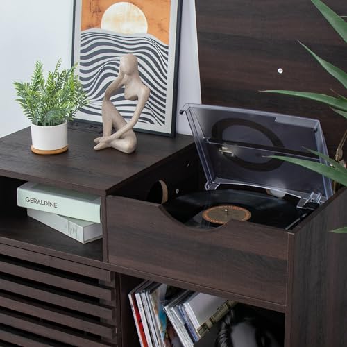 Lisicues Record Player Stand, Vinyl Record Cabinet with Power Outlet Holds Up to 200 Albums, Turntable Stand Table, Fluted Sliding Door, Living Room(Walnut) Lisicues