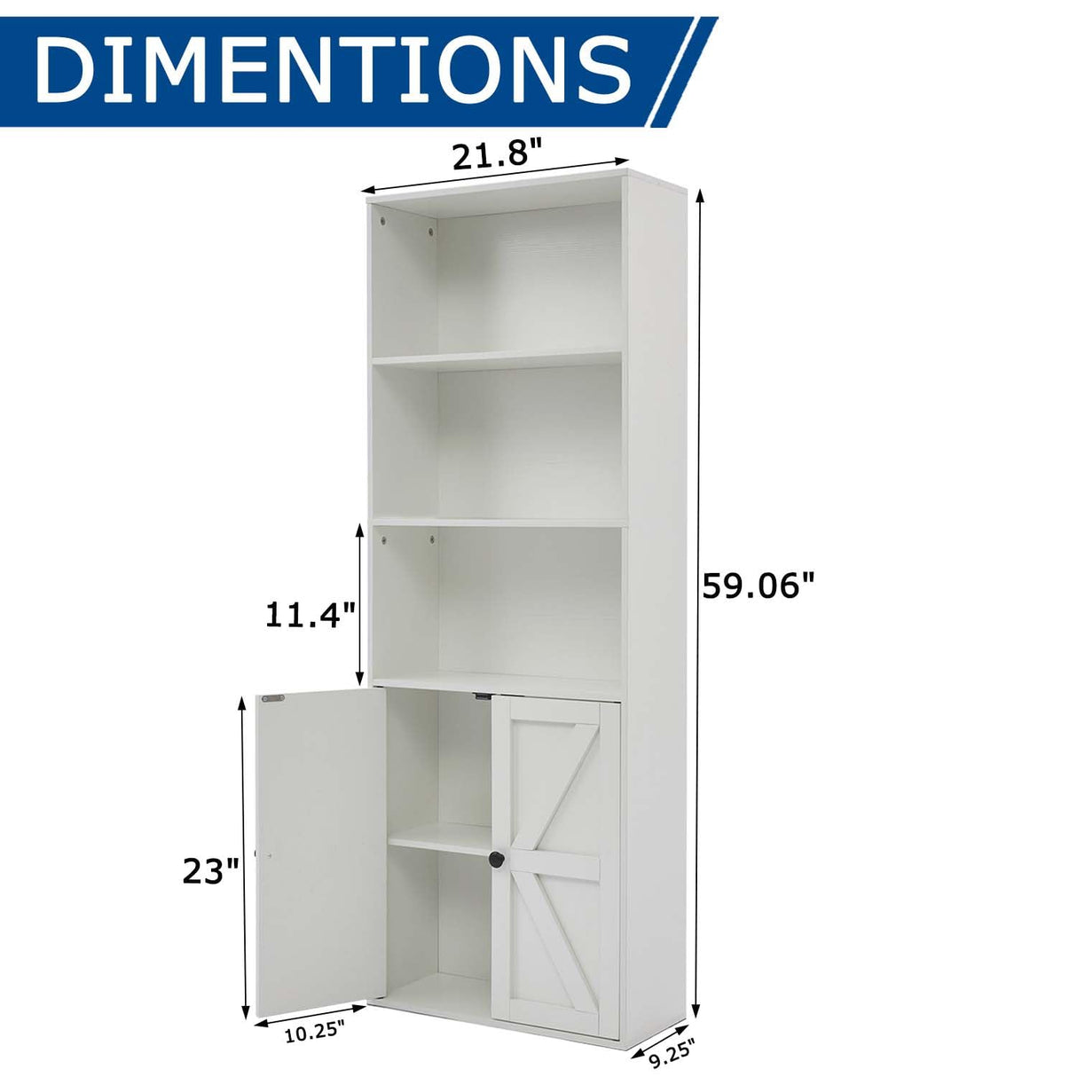 White 5-Tier Bookshelves for Living Room, Farmhouse Tall Bookcase with Doors, Wooden Bookshelf with Storage Cabinet and Shelves for Living Room, Home Office Stabrech