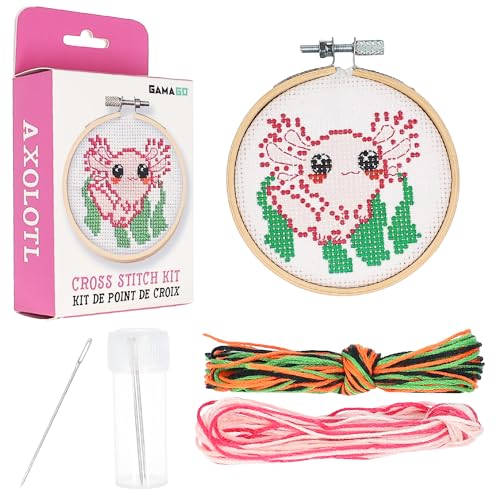 GAMAGO Axolotl Stamped Cross Stitch Kit for Beginners – Pre-Printed DIY Embroidery Craft Set with Hoop, Fabric, Floss, Needles & Instructions – Cute Animal Needlework Kit for Teens & Adults