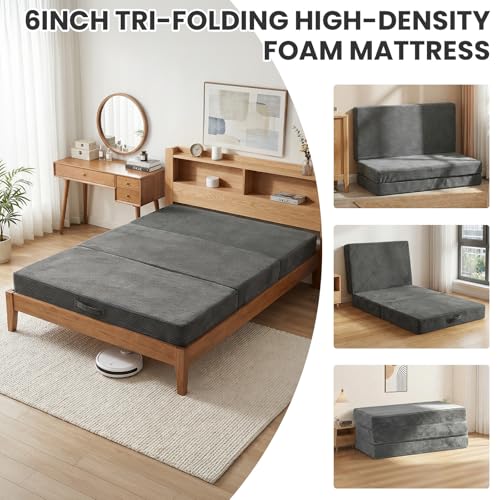 Erament Folding Mattress Queen Size, Trifold Mattress 6 inch Foldable Futon Sofa Bed with Corduroy Cover, Memory Foam Mattress Topper with Carry Handle Erament
