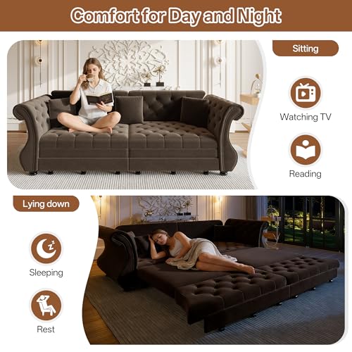 LuxyHoom 97.6'' Sleeper Sofa Bed King Size, Flower Tufted Pull Out Couch, Velvet Chesterfield Futon Couches, Modern 4 Seater Convertible Sofa, 3 Pillows for Living Room, Apartment, Offices, Brown LuxyHoom
