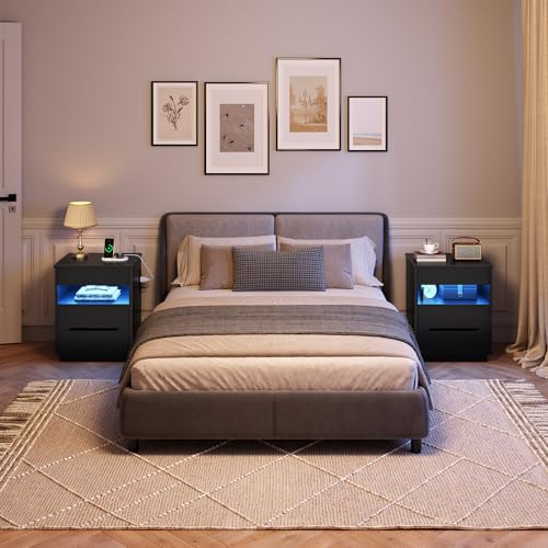 HOOBRO Nightstand with Charging Station, LED Bedside Table with Drawers, Lockable Hidden Compartment, Modern End Table, Night Stand for Bedroom, 2 AC Outlets, USB-A Port and Type-C, Black BB144UDBZ01 HOOBRO