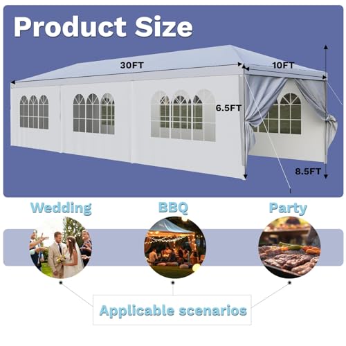 Devoko 10'x30' Outdoor Heavy Duty Canopy Tent, Waterproof Wedding Party Tent with UV Protection & Sidewalls, Wind Resistant Portable Gazebo Shelter for Events,Backyard, Patio, White Devoko