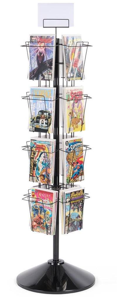 Displays2go 59" Tall Metal Wire Rotating Magazine Rack with 16 Pocket and Sign Holder - Black (WSFM416PB)