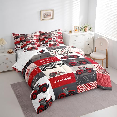 Erosebridal 7 Pcs Kids Tractor Bedding Sets Red Cartoon Tractor Quilt with Flat Fitted Sheet Twin Farm Vehicle Truck Bed in A Bag Equipment Construction Comforter Set Geometric Plaid Decor Erosebridal