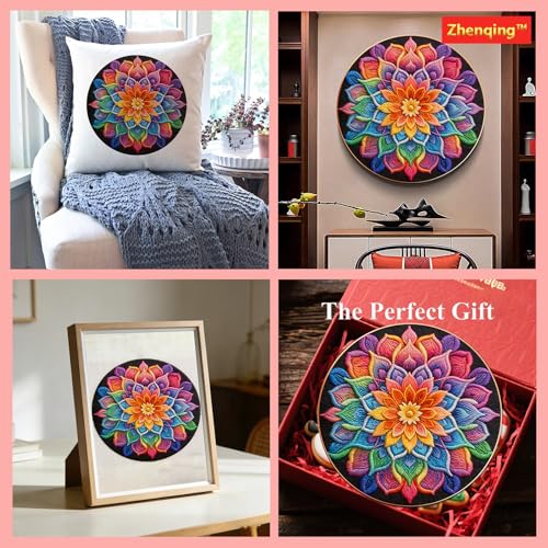 Zhenqing Mandala Cross Stitch Kit for Beginners, 11CT Printed 36x36cm, Full Stitch Colorful Flower Design with Threads & Instructions (70817)