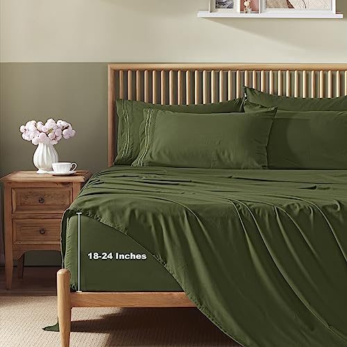 Homiest Extra Deep Pocket Queen Size Sheets Set, 6 Pieces Soft Olive Green Sheets 18-24 Inch Deep Pocket Bed Sheets, Hotel Luxury 1800 Thread Count Microfiber Bed Set Fits Ultra Deep Mattress Homiest