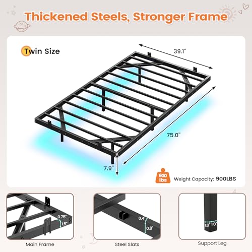 Hasuit Floating Bed Frame Twin Size with LED Lights, Metal Twin Floating Bed Frames for Kids, No Box Spring Needed, Easy to Assemble (Twin) Hasuit