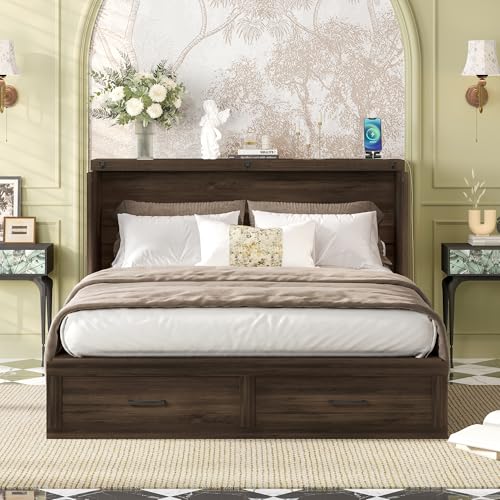 Queen Size Farmhouse Murphy Bed with Charging Station, Foldable Wood Wall Platform Bed Frame with Two Large Storage Drawers, Hideaway Bed for Small Bedroom, Study, Guest Room (Gray Wood, Queen)