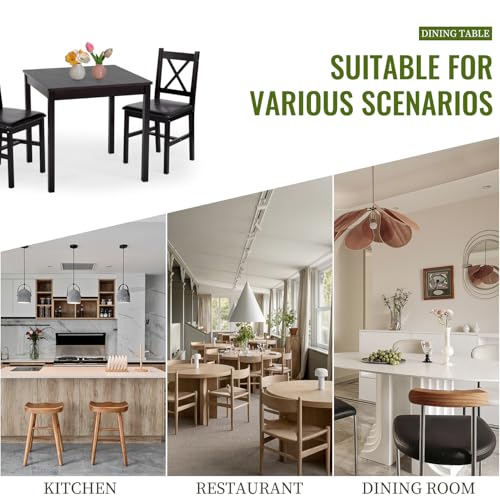 FDW | 3-Piece Solid Wood Dining Table | Dark Brown | Pine Kitchen Table with Upholstered Chairs | Space-Saving Design | Smooth Easy-to-Clean Surface | for Dining Room, Apartment, Restaurant FDW