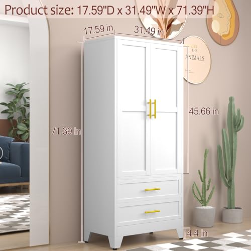 Metal Wardrobe Closet with 2 Doors & 2 Drawers, 71" Tall Armoire Wardrobe Closet with Hanging Rods and Adjustable Shelf, Steel Wardrobe Storage Cabinet for Bedroom-White winiowa