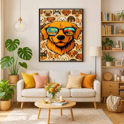 XKOIYOU Cool Dog with Sunglasses Diamond Painting Kits,5D Diamond Painting Diamond Art,Round Full Drill Diamond Art Kits Diamond Dots Crafts for Home Decor Gift 12x16inch XKOIYOU
