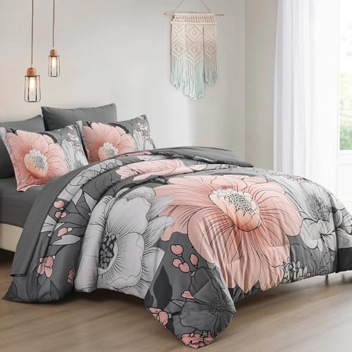 Xruibed King Comforter Set 7 Pieces Grey Floral Comforter Set King Size Bed in a Bag Flower Bedding Sets Lightweight Boho Bed Set with Sheet,Pillowcases&Shams for All Season Xruibed