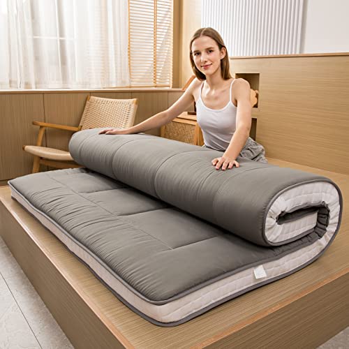 MAXYOYO Futon Mattress, Padded Japanese Floor Mattress Quilted Bed Mattress Topper, Extra Thick Folding Sleeping Pad Breathable Floor Lounger Guest Bed for Camping Couch, Dark Grey, Queen MAXYOYO