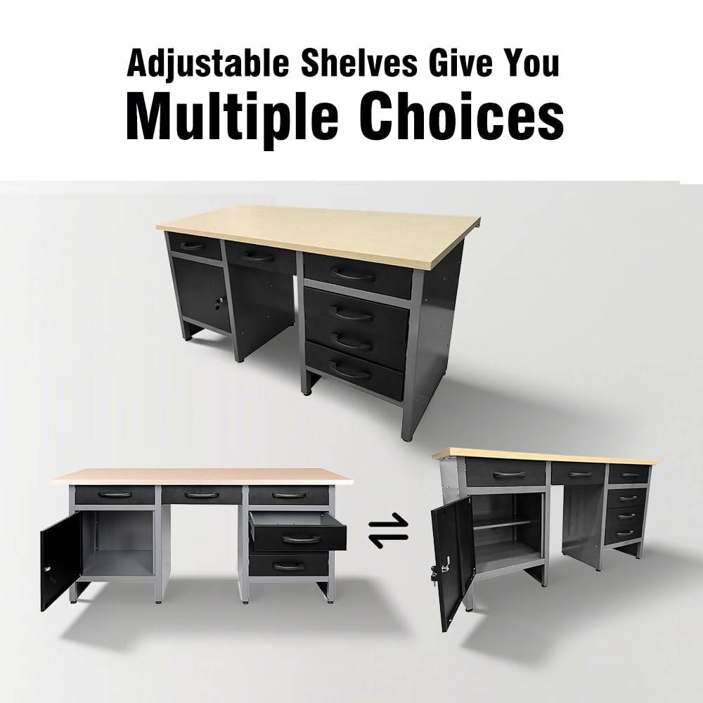 Wood Top Workbench Set System, Included Pegboard Wall Cabinets Wood Table Top, for Garage Basement JZD