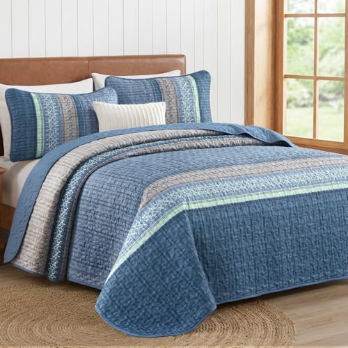 Menghomeus Blue Quilt Set King Size, 3 Pieces Striped Patchwork Quilted Bedding Sets, Soft Lightweight King Bedspreads Coverlets Bedding Set for All Seasons 104"x90" Menghomeus