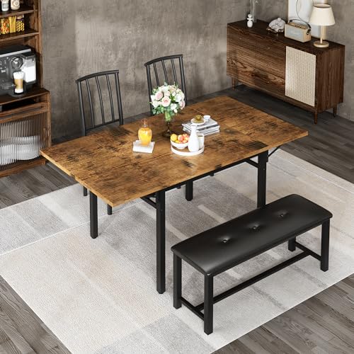 AWQM 4-Piece Faux Wood Drop Leaf Dining Table with Storage Rack, Space Saving Breakfast Nook Table Set with 2 Backrest Chairs and 1 Upholstered Bench, Kitchen Dining Table and Chairs Set for 2-4 AWQM
