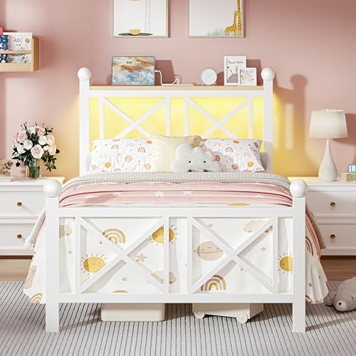 DynJest Twin White Bed Frame with Headboard and Footboard, Storage Shelf with LED Lights and Charging Station, Strong Metal Slats Support, No Box Spring Needed, Under Bed Storage, Easy Assembly DynJest
