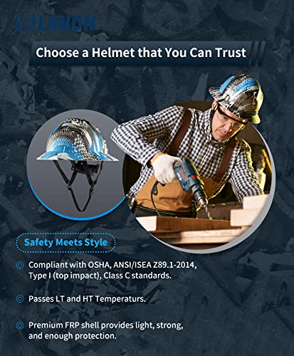 LANON Full Brim Hard Hat, OSHA Construction Work Approved, Blue Pattern Design, FRP Safety Helmet with 4 Point Adjustable Ratchet Suspension, Class C LANON Protection