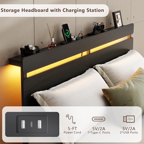Forestell Queen Bed Frame with Wood Headboard, Black Platform Bed with 2 Storage Drawers & Shelf, Built-in Charging Station & LED Lights, Metal Support, No Box Spring Needed, Cama Queen Size Forestell
