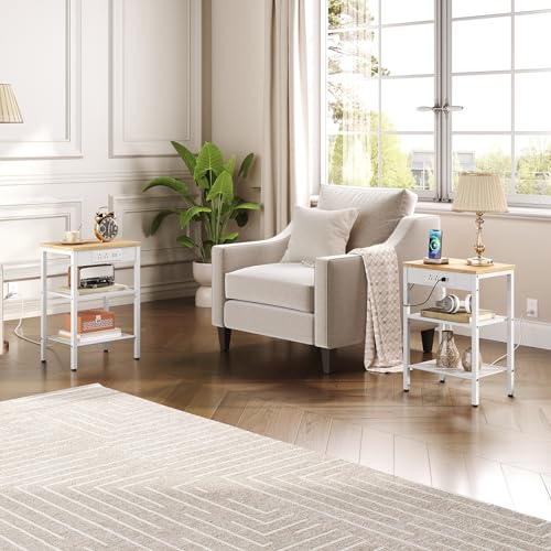 HOOBRO End Table with Charging Station and USB Ports, 3-Tier Nightstand with Adjustable Shelves, Small Side Table for Small Space in Living Room, Bedroom and Balcony, Natural and White WN112BZ01 HOOBRO