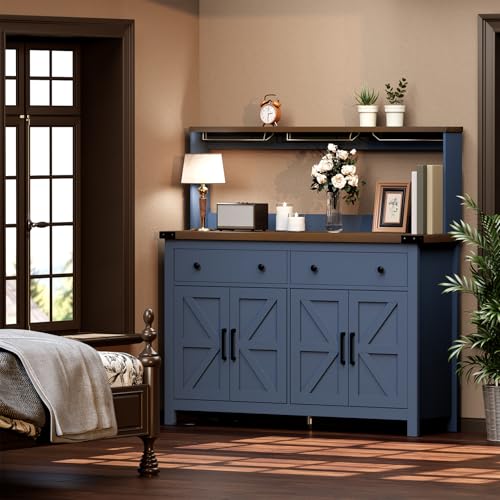 VVFLU Hutch Storage Buffet Cabinet with Drawers, and Charging Station, Coffee Bar Cabinet with Barn Doors, Wine Rack and Hooks, Blue Wood Sideboard Buffet for Kitchen, Dining Room, 54.1" High VVFLU