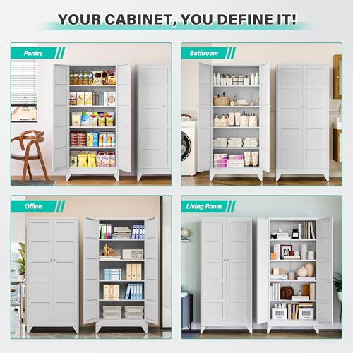 SISESOL Wide & Deep Metal Storage Cabinet with 2 Doors and 5 Shelves,72 inch Tall Pantry Storage Cabinet,Large Cupboard Closet,White Cabinets for Home,Kitchen,Bathroom,Dining/Living Room SISESOL