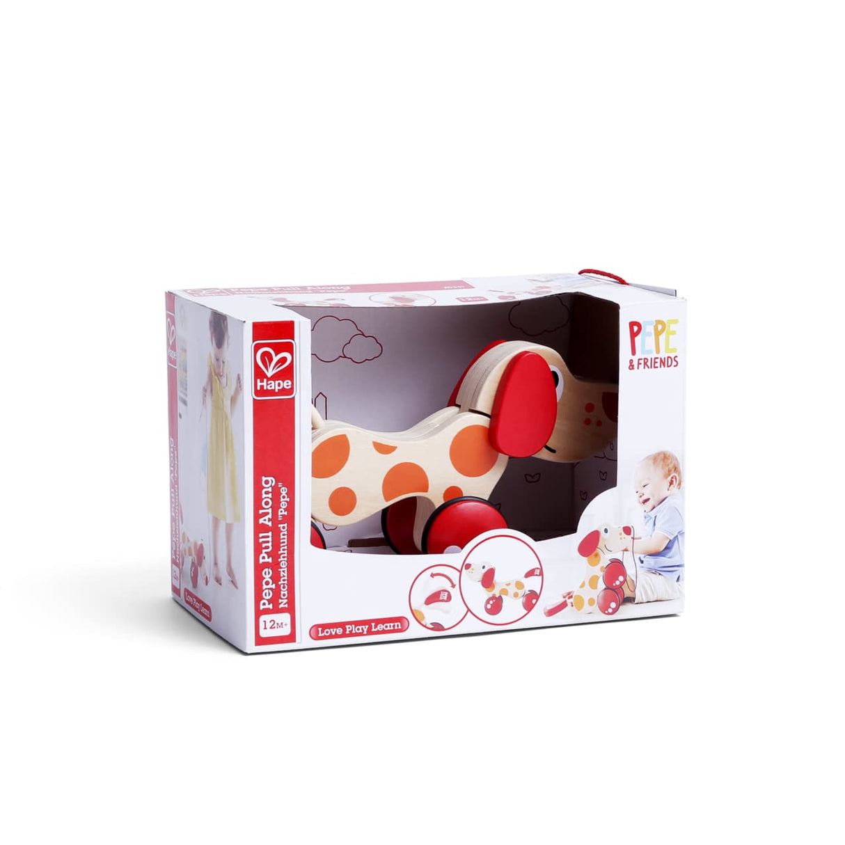 Walk-A-Long Puppy Wooden Pull Toy by Hape | Award Winning Push Pull Toy Puppy For Toddlers Can Sit, Stand and Roll. Rubber Rimmed Wheels for Easy Push and Pull Action, Red , Red/Orange Hape