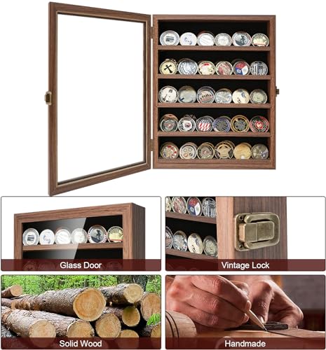 ASmileIndeep Military Challenge Coin Display Case Holder Shadow Box Solid Wood for Wall Mounted with HD Glass Door Military Coin Rack with Removable ASmileIndeep