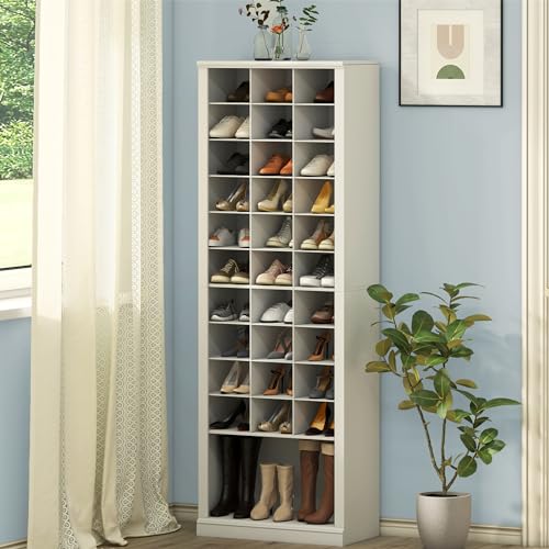 Hzuaneri 11 Tiers Shoe Storage Cabinet, Tall Shoes Cabinet with Cubby, Freestanding Wooden Shoe Organizer, 30-33 Pairs, Shoes Cubby Organizer for Entryway, Bedroom, White 02001BSR Hzuaneri