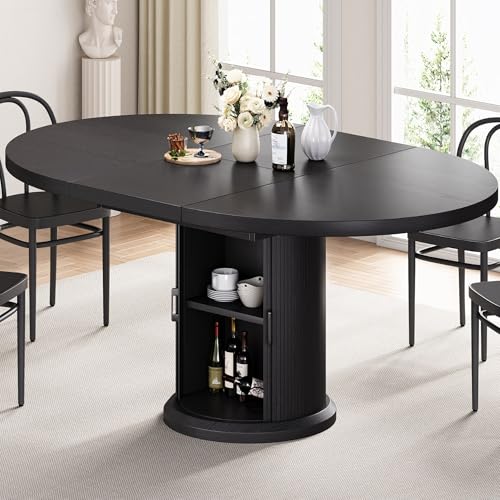 Jocoevol 47β³β63β³ Extendable Round Dining Table for 4β8 with Dust-Proof 2-Tier Storage Shelf Space Saving Expandable Wood Oval Circle Dinner Furniture with Pedestal Base (Black) Jocoevol