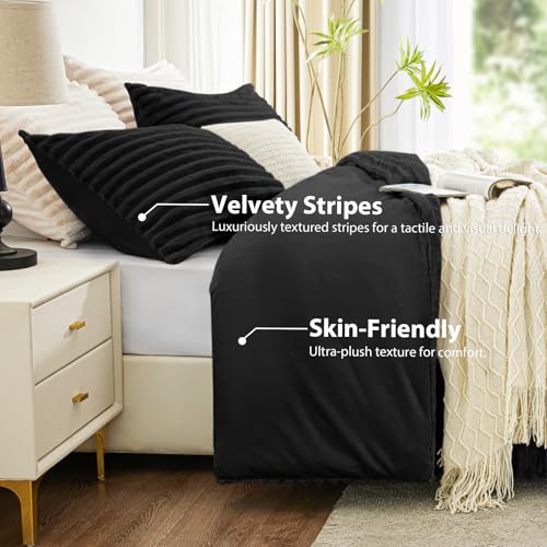 EXQ Home Fluffy Comforter Set Twin Size - Super Soft Faux Fur Stripe Jacquard Comforter 2 Pieces, Black Fleece Bedding Set,Winter Warm Bed Set,1 Comforter with 1 Pillowcase EXQ Home