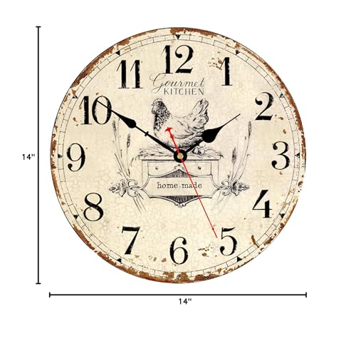 Toudorp Rustic Wall Clock French Country Vintage 14 Inch Wall Clock Battery Operated Silent Non-Ticking Wooden Wall Clock Retro Arabic Numerals Animal Style Wall Clock (Gourmet Kitchen) Toudorp
